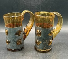 VTG MCM 1960’s Brutalist Felipe Derflingher Hand Blown Glass Copper Cage Mugs