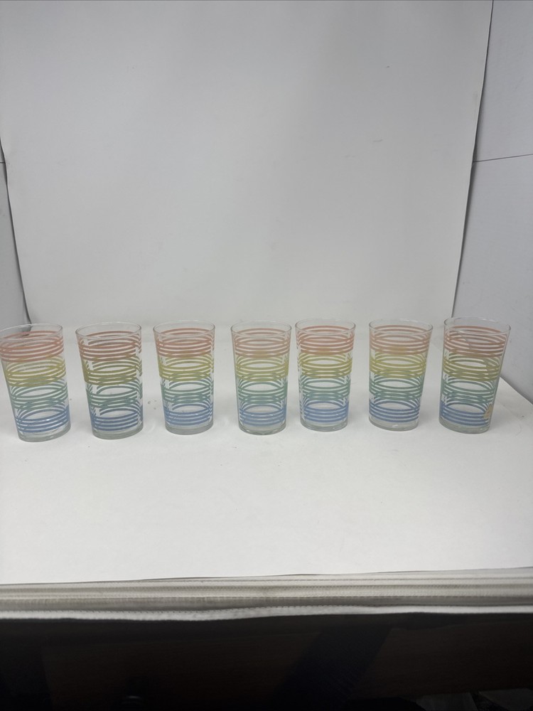 7 VINTAGE PASTEL STRIPED BANDED GLASSES TUMBLERS PETALWARE