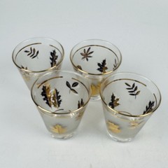 Vintage Set of 4 Frosted Gold Leaf Shot Glasses Barware 3” Tumblers