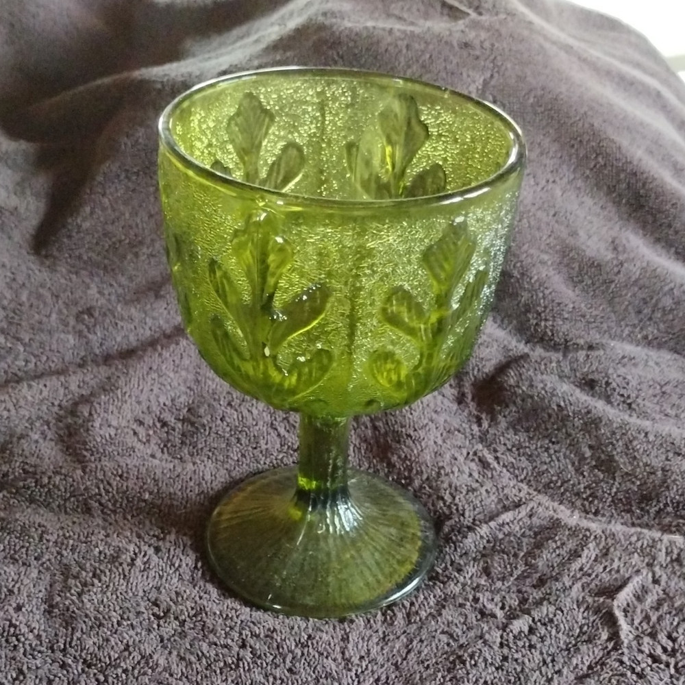 Vintage FTD 1875 Avacado Green Pressed Glass Goblet with Textured Leaf Pattern