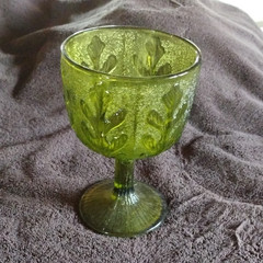 Vintage FTD 1875 Avacado Green Pressed Glass Goblet with Textured Leaf Pattern