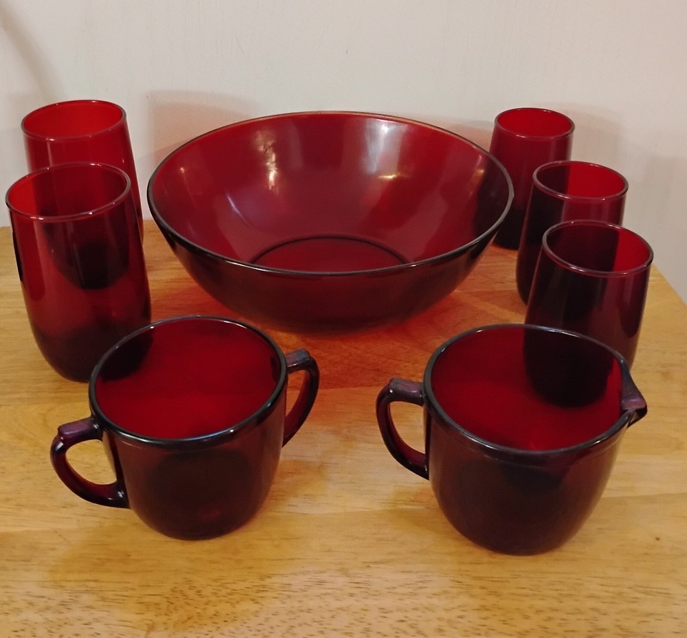 Vintage Ruby Red Glass Set of 8 – Bowl, Tumblers, Cups, VG