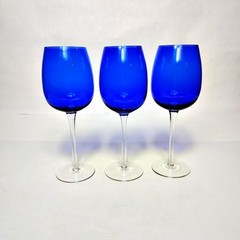 Set 3 Cobalt Blue Wine Glasses 9.5 Inch Tall 2.5 Inch Diameter Clear Stem