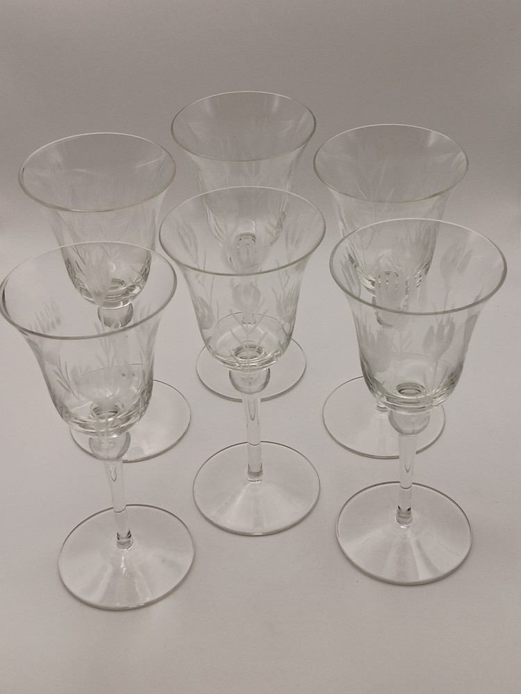 6 – Vintage Glass Wine Water Goblets Etched Tulips 7 1/8″