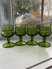 Vintage Green Indiana Glass Kings Crown Thumbprint Goblets Wine Sherry Glasses 4