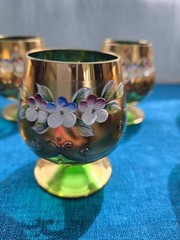 Bohemian Czech Glass Cup Set – Green with Gold Enamel