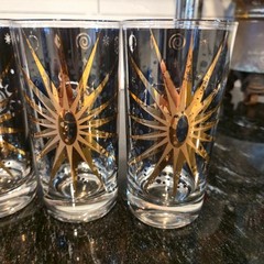 Vintage Fred Press Atomic Sunburst Glasses Black 22K Gold Barware Set MCM 6 cups