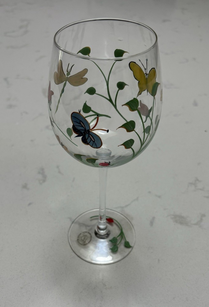 4 Lenox Butterfly Spring Meadow Hand Painted Wine Glass Floral Dragonfly Crystal