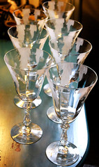 Vtg Set 7 HUNTINGTON OPTIC CRYSTAL Water Goblets FROSTED DRAPED LEAVES c1931