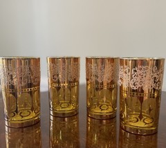 Vintage Crown Dynasty Amber Barware Gold Gilt Filigree Elaborate Design Set Of 4