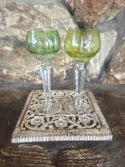 2 Vtg Cut to Clear Crystal Cordial Glasses Green Chartreuse 5.75″ Stemware Bar