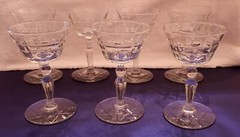Set of 7, Cut Champagne Glasses w/Tulip-Like Bowl & Knop/Beveled Stem, 4¾» Tall.