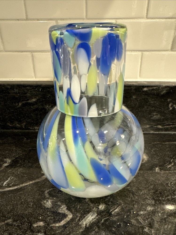 Blue Yellow Confetti Glass Tumble Up~Bedside Carafe & Cup Set New