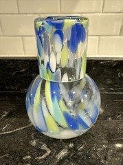 Blue Yellow Confetti Glass Tumble Up~Bedside Carafe & Cup Set New