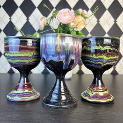 Signed D. Lesser Studio Pottery Goblets, Stoneware Set of 3, 6 Inches Tie & Dye