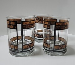 3 Georges Briard Brown and Tan Design Low Ball Old Fashioned Glasses Signed