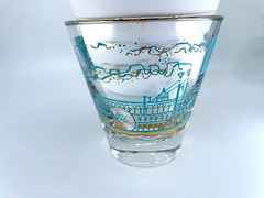 Vintage MCM Libbey Rocks Glasses Steamboat Southern Comfort Turquoise 22K 6 pc