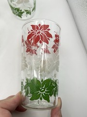 Vtg Anchor Hocking Poinsettia Carafe & 2 Highball Glasses Red Green White