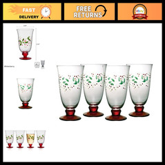 Set of 4 Winterberry Water Goblets, 14 Ounce Glass Drinkware, Holiday Tableware