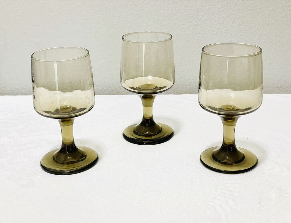Set 3 Vintage Libbey Tawny Accent Smoke Stemmed Footed Wine Goblets Glasses 5”