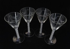 Beautiful Antique Air Twist Stem & Etched Glass Stemware: 4 Cordial Glasses