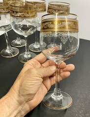 Set Of 6 Vtg Stolzle Crystal Wine Goblet Gold Trim Band White Scroll Stemware