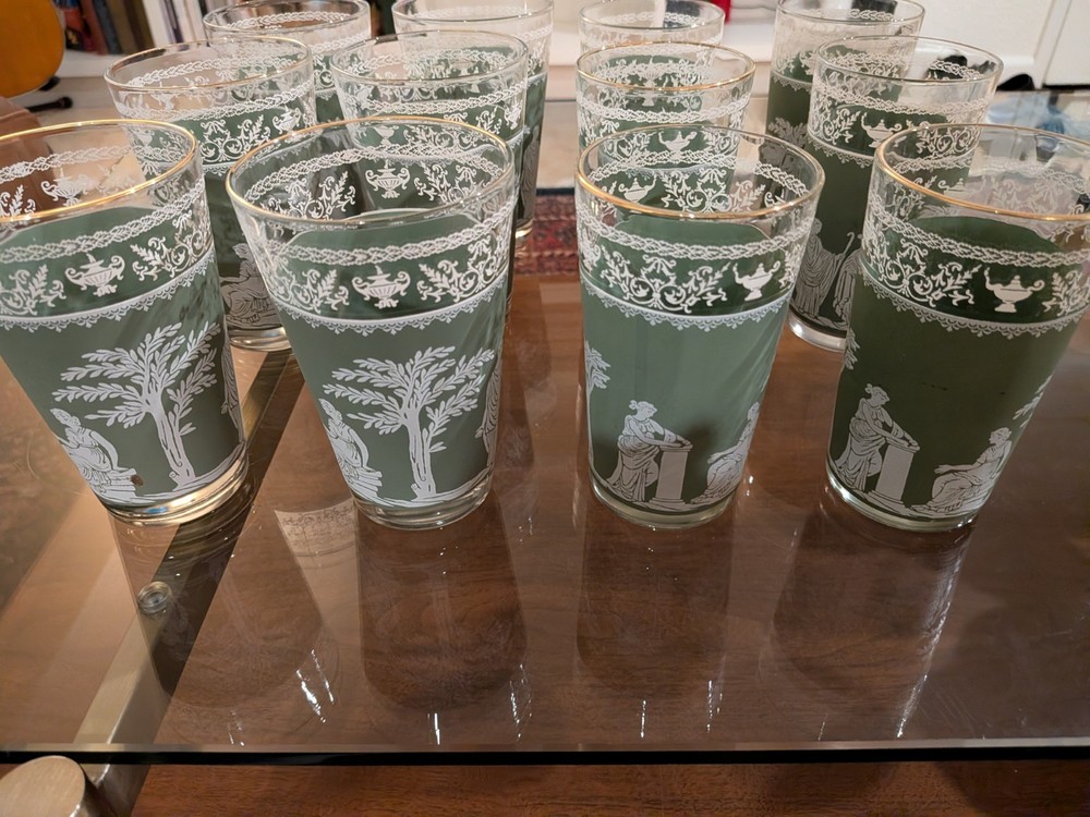 Lot Vintage Jeannette Hellenic Green Glasses Wedgwood Jasperware Style 6 sm 6 lg