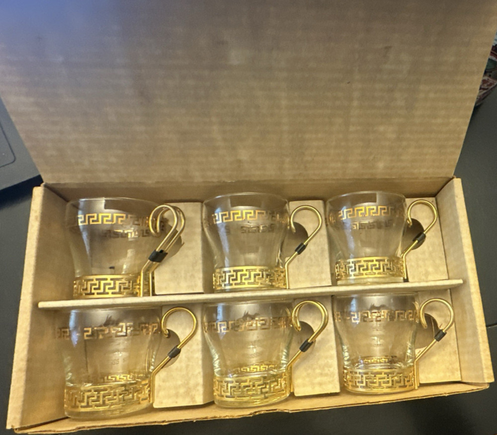 Continental Cups Set of 6 Clear Glass Cups with Gold Metal Handles Decorative