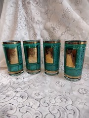Set Of 4 Mid-Century 22K Gold & Turquoise Blue Aztec Design Tumbler Glasses