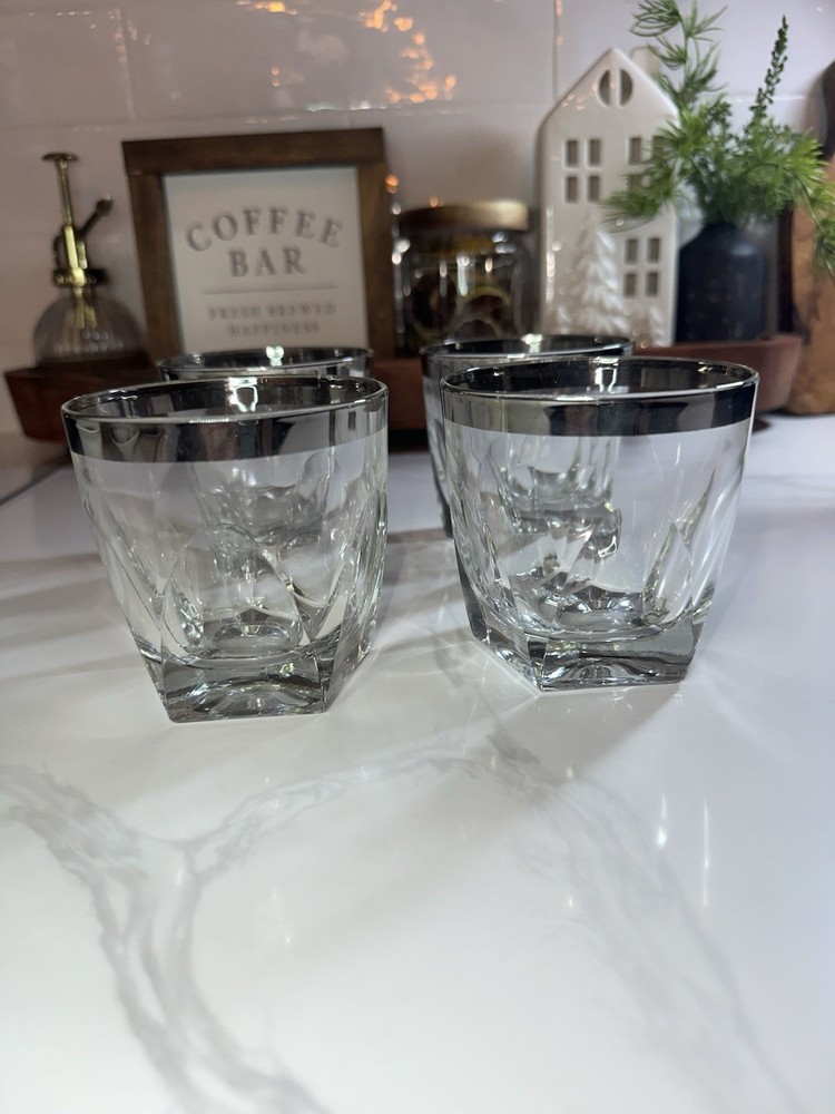 Set Of 4 Hazel-Atlas Gothic Old Fashioned Glasses with Platinum Rim