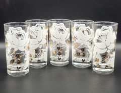 5 Pc Vtg Dante 12 oz High Ball Glasses – White/Gold Floral: RETRO