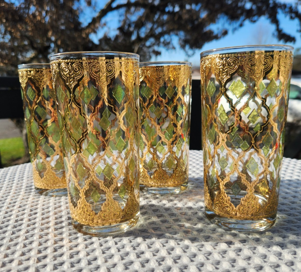 Vtg Culver Valencia Glass Highball Tumblers Gold Filigree Overlay MCM Set Of 4