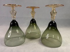 Bryce 894 Smoke Green Goblets Topaz Amber Stem Blown Glass Pear Shape – Set of 3