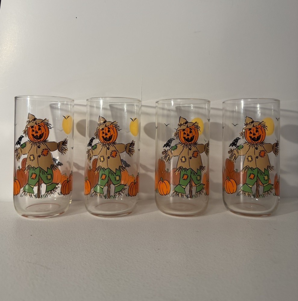 Vintage Libbey Halloween Drinking Glasses Scarecrow Glassware Set of 4 Rare