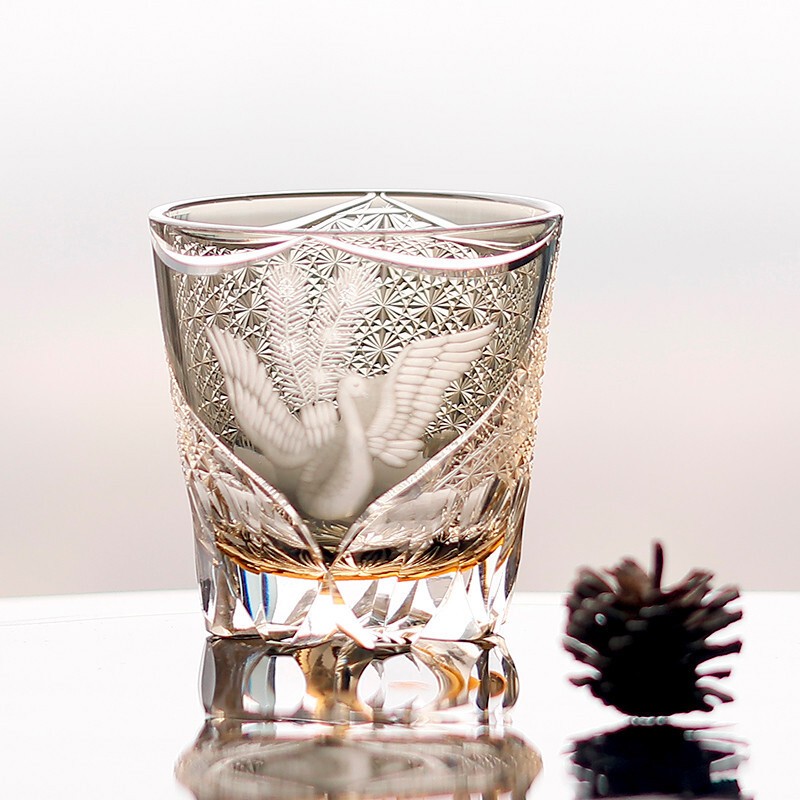 New Whiskey Glass Tumbler Japanese Style Edo Kiriko Glass Hand Cut To Grey 11oz