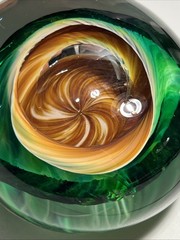 Vtg Hand Blown Art Glass Swirl Paperweight Emerald Green Amber Brown Cavern Orb
