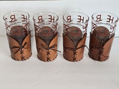 4 Vintage Libbey BAMCO MCM Western Branding Decal Glasses w/Leather Holder 5.5”