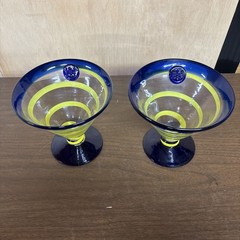2 ROYAL CARIBBEAN Kosta Boda Margarita Cobalt Blue Green Martini Swirl Glass