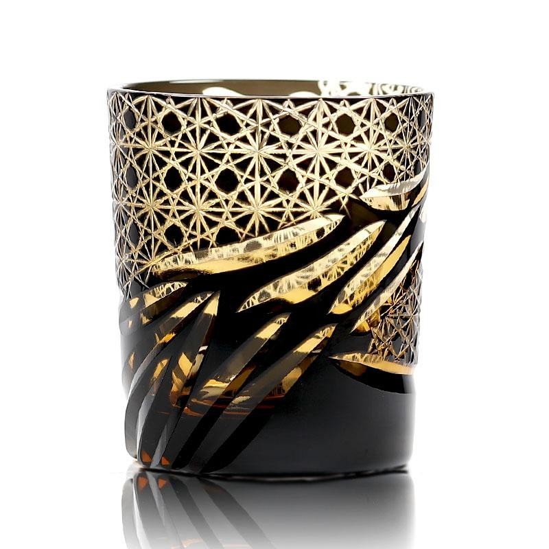 Luxury Edo Kiriko Hand Cut Crystal Whiskey Glass Black Amber Carved Tumbler 9oz