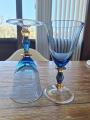 2 Mikasa Estate Slate Blue/ Amber Wine/Water Glasses Handblown Art Deco 7″H EUC