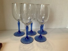 Set of 5 Vtg Lenox Crystal Gold Rim Cobalt Blue Stemmed Swag Draped Wine Glasses