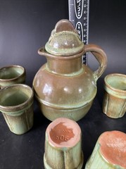 Frankoma ADA CLAY Prairie Green Guernsey Pitcher + 5-3oz Juice Tumbler Set EUC