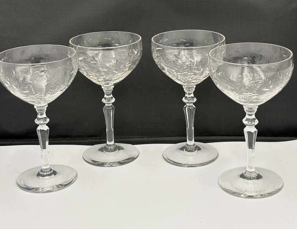 Set of 4 Vintage Rock Sharpe WILD ROSE Etched Crystal Coupes (circa:1941)