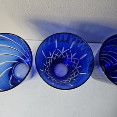 4 Cobalt Blue Cut To Clear Glasses Tumblers All Different Cut Patterns 4.75″