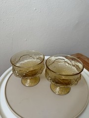 Amber Gold Crinkle Textured Stemmed Glass Glasses / Dessert Dishes Set Of 2