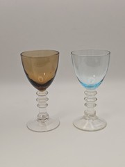 Vintage Set 2 Hand Blown Circle Stem Cordial Glasses Amber/ Blue