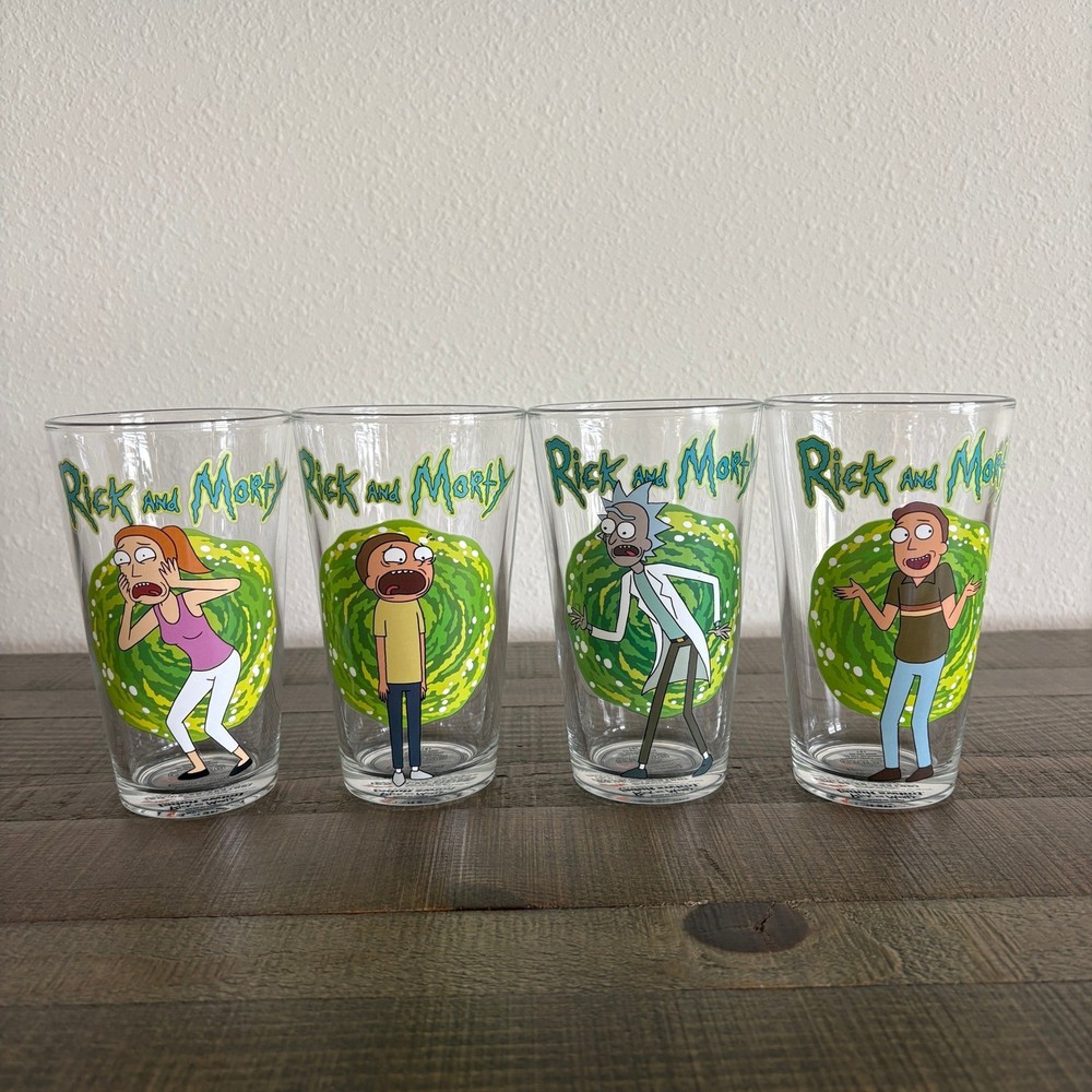 Rick and Morty Pint Glass Set Adult Unisex 16oz Clear 4 Pack Portal Characters