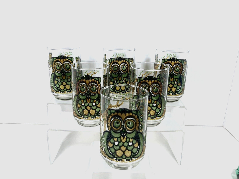 6 Vtg Libbey Owl Family Tumblers Embossed Stained Glass Look Drinking Glasses