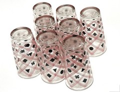 8 Vtg Glass Tumblers Metal Carrier Caddy MCM Mid Century Modern Pink & Black Set