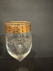 Set Of 3 Bernini 24K GOLD Trim Etched Blown Crystal Wine Glasses Italy 8” Tall